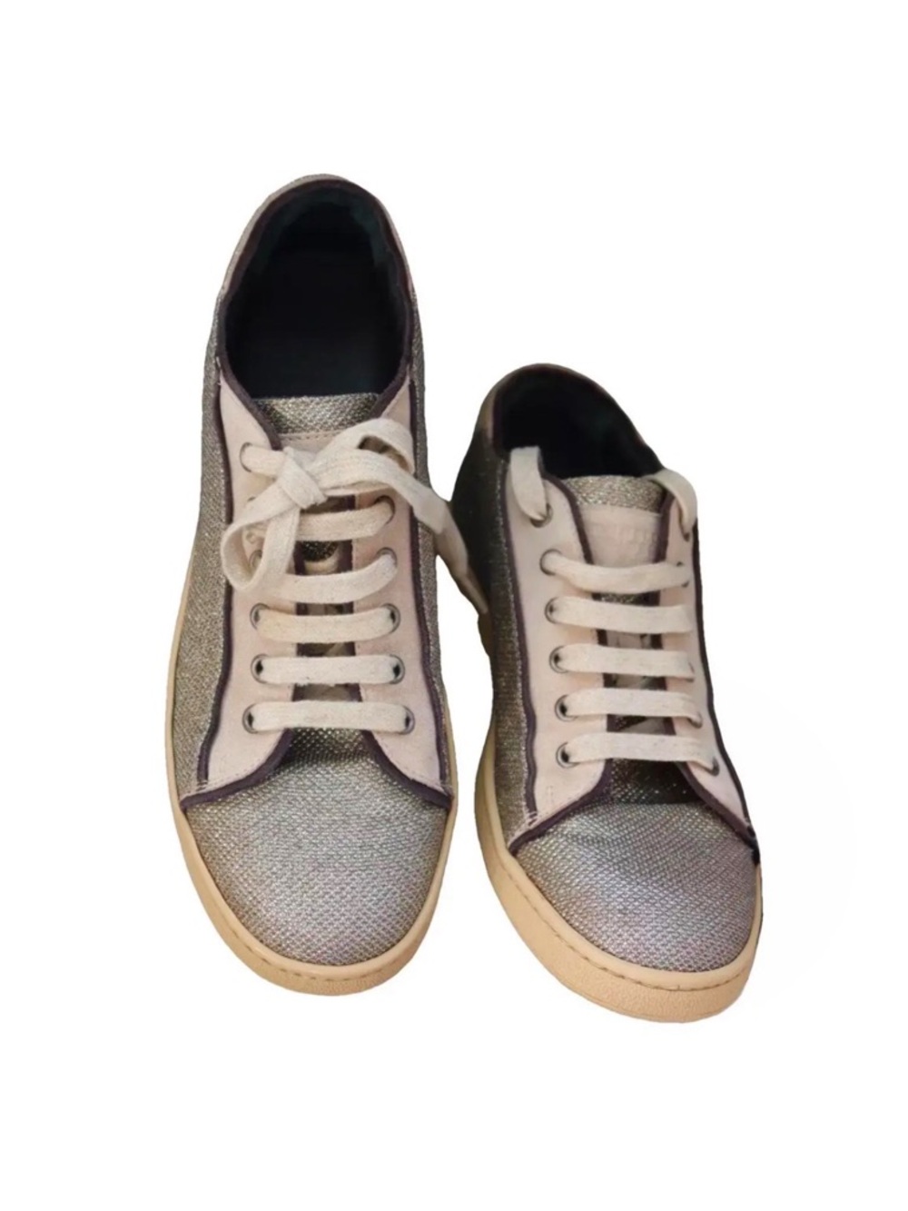 Brunello Cucinelli Gold Metallic + Cream Suede Leather Low-Top Glitter Sneakers